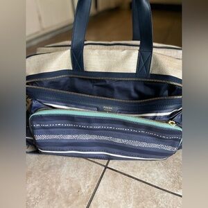 Fossil tote travel carry on bag blue shoulder strap xl carryall weekender